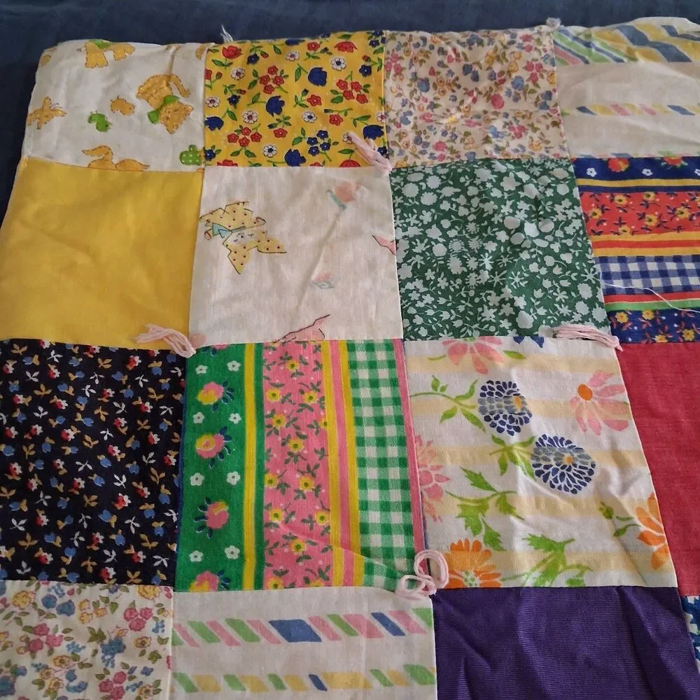 Vintage Patchwork Quilt 1960s Handmade 54x35 Mid Century Patterns Multi-Color